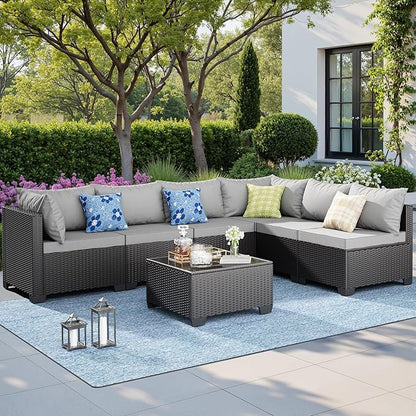 Skyfish 7 Pieces Patio Furniture Sofa - Outdoor Sectional Wicker Rattan Furniture with Cushion and Glass Table Patio Conversation Sets for Porch Poolside Backyard Outdoor Sofa Set Modular Sofa