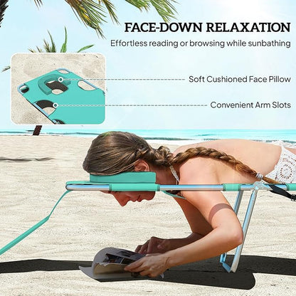 Outsunny Chaise Lounge Chair Outdoor with Face Arm Hole, 5-Position Reclining Face Down Tanning Chair with Carry Strap, Side Pocket, Portable Folding Bed Cot for Patio Beach Pool, Light Green
