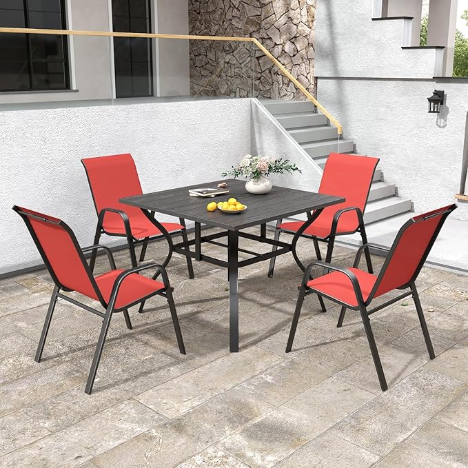 Patio Dining Chairs, Stackable Set of 4 in Red with Steel Frame