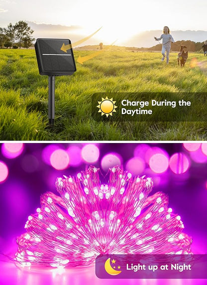 Minetom Solar String Lights for Outside, 2 Packs Total 66Ft 200 LED Outdoor Solar Fairy Lights, 8 Modes Balcony Lights for Tree Patio Christmas Party Wedding Decor (Pink)