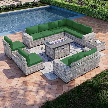 13-Piece Outdoor Patio Furniture Set with 55,000 BTU Fire Pit Table, PE Wicker Rattan Sectional Sofa Patio Conversation Set with Coffee Table, Green