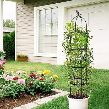 6FT Garden Obelisk Trellis for Climbing Plants,Adjustable 4-Tier Metal Plant Support,Rustproof Outdoor Plant Tower with 3 Decorative Tops for Roses,Tomatoes,Clematis & Vines,Black