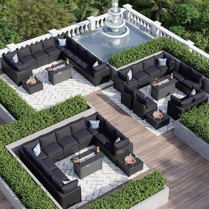 Aoxun 15 Piece Patio Furniture Set with 44” Fire Pit Table Wicker Rattan Patio Sectional Sofa Set Outdoor Seating Furniture with Thickened Cushion, Black