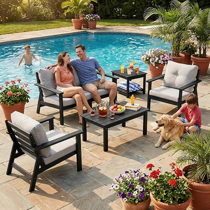 6-Piece HDPE Patio Furniture Set, Outdoor Sectional Sofa Set,All Weather Outdoor Couch with Dust-Free Cushions, Durable Patio Conversation Sets for Balcony, Porch, Black