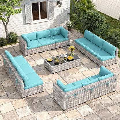 12-Seat Modular Patio Furniture Set – Outdoor Wicker Sectional Sofa with Thick 4″ Cushions, Dual-Strand PE Rattan, Rust-Resistant 18 mm Steel Frame, Backyard Garden Deck Lounge,Blue
