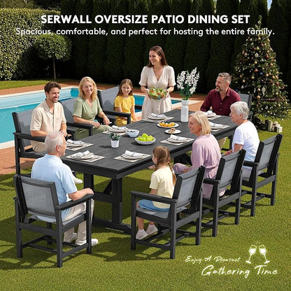 SERWALL 9 Piece Outdoor Dining Set, 84" HDPE Outdoor Large Table and Texilene Chairs for 8，All Weather Patio Dining Furniture Set with Umbrella Hole for Backyard, Garden, Black