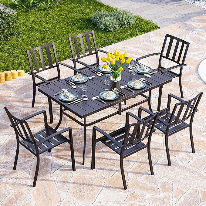 PHI VILLA 6-Person Outdoor Metal Steel Slat Dining Rectangle Table with Adjustable Umbrella Hole, Weather-Resistant for Patio Outdoor Use, Black