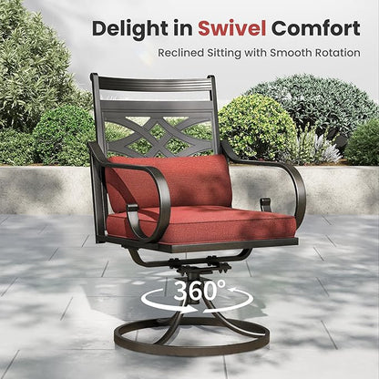 PHI VILLA 5 Pieces Outdoor Dining Set for 4, 37" Square Metal Table with Umbrella Hole & Wrought Iron Swivel Chairs, All Weather Outside Furniture with Red Cushions & Pillows for Patio, Deck, Porch