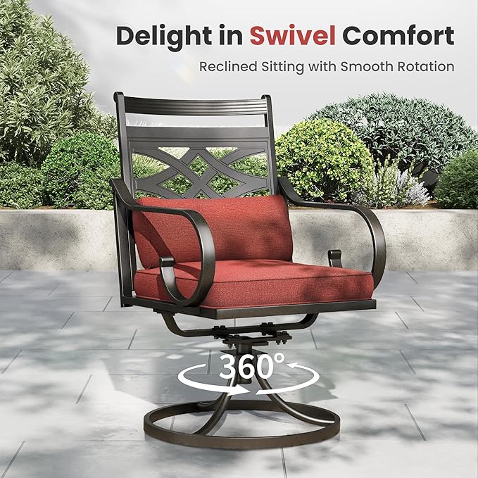 PHI VILLA 9 Pieces Outdoor Dining Set for 8, 60" Square Metal Table with Umbrella Hole & Wrought Iron Swivel Chairs, All Weather Outside Furniture with Red Cushions & Pillows for Patio, Deck, Porch