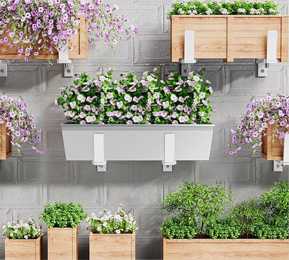 Y&M 2 Pack Adjustable Planter Brackets (6 to 12.5 in), Universal Window Box Mounting Hooks, Heavy Duty Iron Flower Box Wall Mounts for Balcony, Fences, Patio, and Garden - White