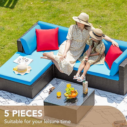 Devoko 5 Pieces Patio Furniture Sets All Weather Outdoor Sectional Patio Sofa Manual Weaving Wicker Rattan Patio Seating Sofas with Cushion and Glass Table (Blue)