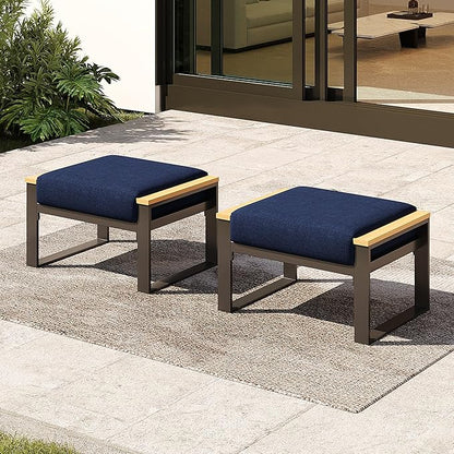 Sundale Outdoor 2 Pieces Aluminum Patio Ottoman, Outdoor Footstool with Sandwich Foam Cushions, Olefin Fabric, Small Metal Outdoor Chairs for Deck, Backyard, Porch (Blue)
