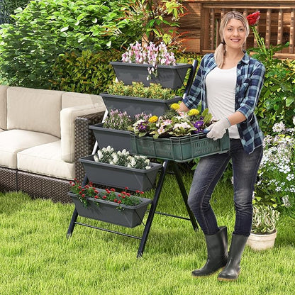 Giantex Set of 2 Vertical Raised Garden Bed on Wheels, Elevated Planter Raised Beds with Water Drainage, Freestanding 5 Container Boxes for Vegetables and Flowers Growing, Outdoor Indoor Patio Balcony