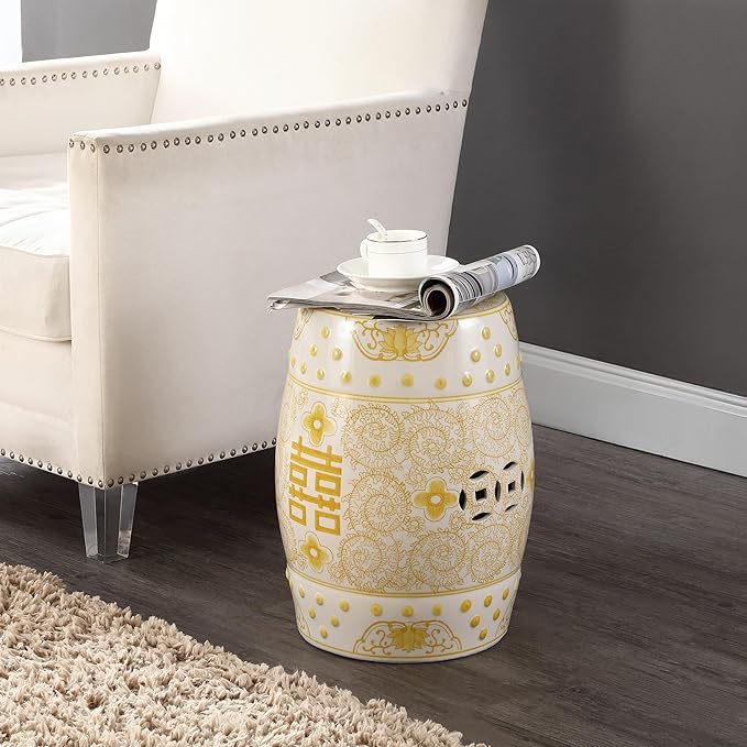 Decorative Garden Stools, 18-Inch Ceramic Drum Seat in Yellow and White