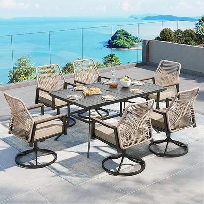 Patio Dining Set 7 Piece, 6 x Woven Rattan Swivel Chairs with Waterproof Cushion, 59" Rectangular Metal Dining Table with Umbrella Hole, Outdoor Table and Chairs Set for Backyard Lawn and Deck, Beige
