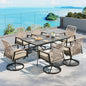 Patio Dining Set 7 Piece, 6 x Woven Rattan Swivel Chairs with Waterproof Cushion, 59" Rectangular Metal Dining Table with Umbrella Hole, Outdoor Table and Chairs Set for Backyard Lawn and Deck, Beige