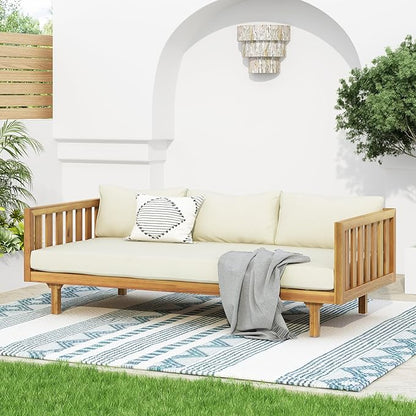 Merax Outdoor Acacia Wood Conversation Set - Patio 3-Seat Loveseat Sofa w/Coushion and Round Coffee Table for Backyard, Lawn, Balcony, Teak+Beige
