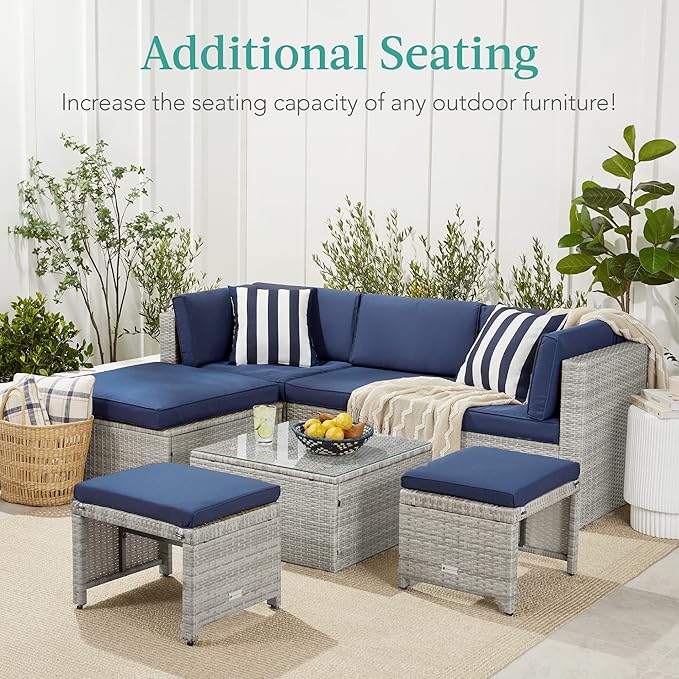 Best Choice Products Set of 2 Wicker Ottomans, Multipurpose Outdoor Furniture for Patio, Backyard, Additional Seating, Footrest, Side Table w/Removable Cushions, Steel Frame - Navy/Brown