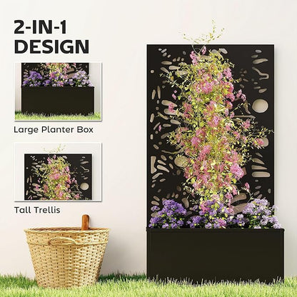 Outsunny Metal Raised Garden Bed with Trellis for Climbing Plants, Freestanding or Wall Mounted Flower Bed with Privacy Panel, Butterfly Cut-Out Outdoor Planter Box for Garden, Patio, Balcony