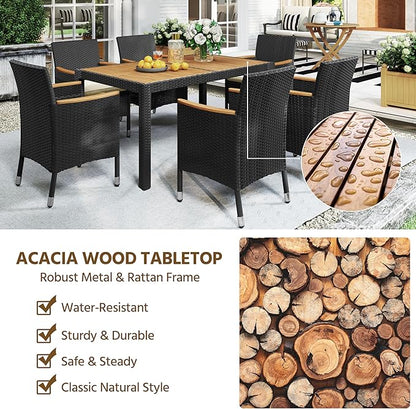 Yaheetech 7 Piece Patio Furniture Set, Outdoor Dining Acacia Wood Table Top Rattan Conversation Set with Soft Cushions, 6 Chairs & 1 Table for Backyard, Deck, Garden & Yard, Black/Beige