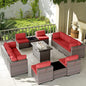 Kullavik 13 Pieces Outdoor Patio Furniture Set with 43" 55000BTU Gas Propane Fire Pit Table PE Wicker Rattan Sectional Sofa Patio Conversation Sets,Red