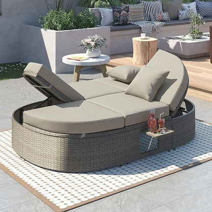 Merax Outdoor Sun Bed Patio 2-Person Daybed with Cushions and Pillows, Rattan Garden Reclining Chaise Lounge with Adjustable Backrests and Foldable Cup Trays for Lawn, Poolside, Grey