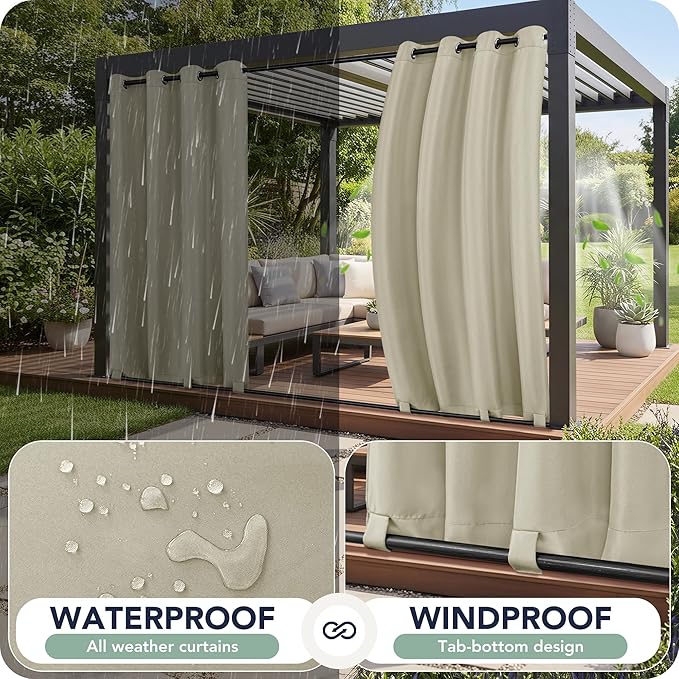 Outdoor Curtains for Patio Waterproof 6 Panels - Windproof, Privacy, Weatherproof Outside Drapes for Gazebo Pergola Porch, Grommet Top and Tab Bottom, 54x108 Inch, Taupe