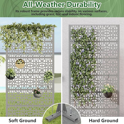 Casaphoria Metal Privacy Screen Outdoor, 72" H x 35" W Freestanding Decorative Privacy Screen for Patio Deck Balcony Garden with Stable Base, Grey-Perilla
