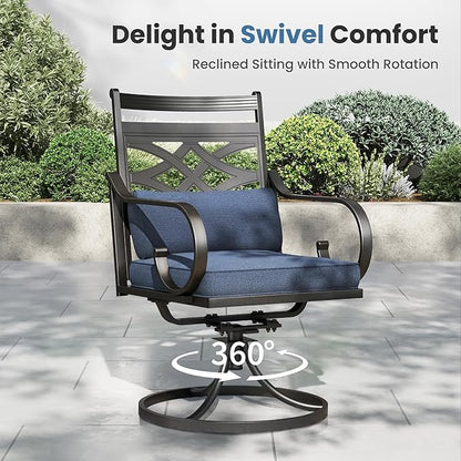 PHI VILLA 5 Pieces Outdoor Dining Set for 4, 37" Square Metal Table with Umbrella Hole & Wrought Iron Swivel Chairs, All Weather Outside Furniture with Blue Cushions & Pillows for Patio, Deck, Porch