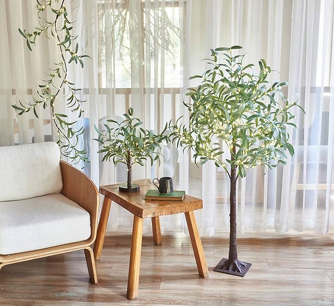 Artificial Olive Branch Greenery, 24 Inch, 72 LED Warm White Lights