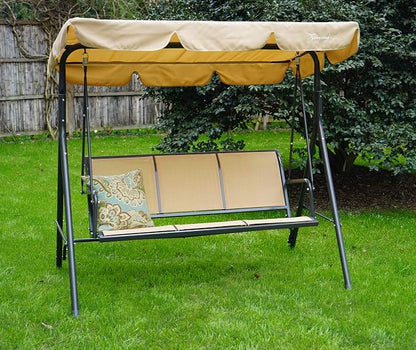 Porch Swing with Canopy, 3-Seat Beige Steel Frame Patio Swing