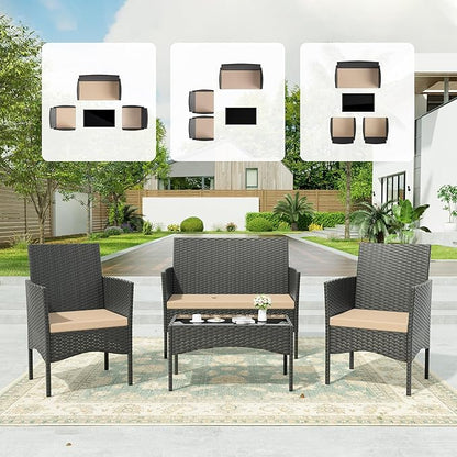 Kullavik 4 Pieces Outdoor Patio Furniture Set,PE Wicker Rattan Chairs Garden Conversation Sets with Tempered Glass Table and Soft Cushions for Lawn,Pool or Backyard,Sand