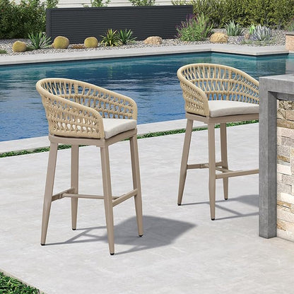 PURPLE LEAF Outdoor Rattan 29" Bar Stools Set of 2, Modern Boho Aluminum Patio Bar Height Chair with Cushion and Back for Outdoor and Indoor, Champagne