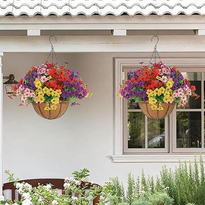 Senjie 2 Set Artificial Hanging Flowers with Basket for Outdoor Decor, UV Resistant 24 Bundles Faux Flowers Fake Hanging Planter for Porch Patio Balcony