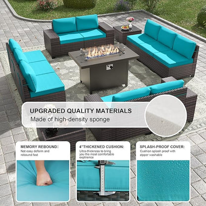 Kullavik 13PCS Outdoor Patio Furniture Set with 43" 55000BTU Gas Propane Fire Pit Table PE Wicker Rattan Sectional Sofa Patio Conversation Sets,Blue