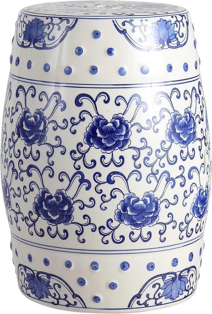 Decorative Garden Stool, Blue and White Ceramic Lotus Drum, 17.75 Inch