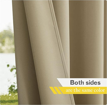 NICETOWN 2 Panels Outdoor Curtains for Patio Waterproof, Stainless Steel Grommet Indoor Outdoor Vertical Outside Weatherproof Drapes for Front Porch & Canvas, W55 x L84, Taupe