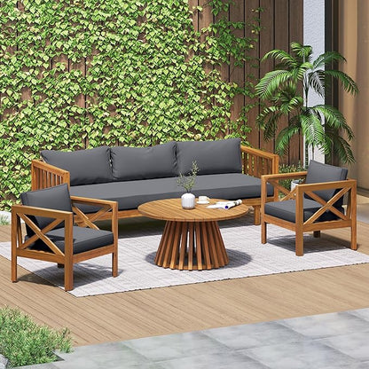 Merax Outdoor 4-Piece Acacia Wood Conversation Set - Patio 3-Seat Loveseat Sofa w/Coushion, 2 Armchair and Round Coffee Table for Backyard, Lawn, Balcony, Teak + Gray