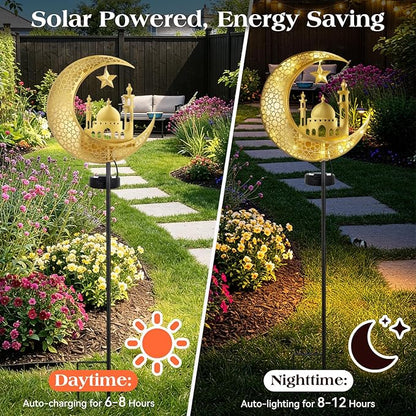 Lewondr 2Pcs Ramadan Solar Lights, Ramadan Decorations Outdoor, Metal Yard Signs LED Eid Decorations Mubarak Star Moon Castle, Waterproof Solar Garden Stakes Lights for Walkway Lawn Patio