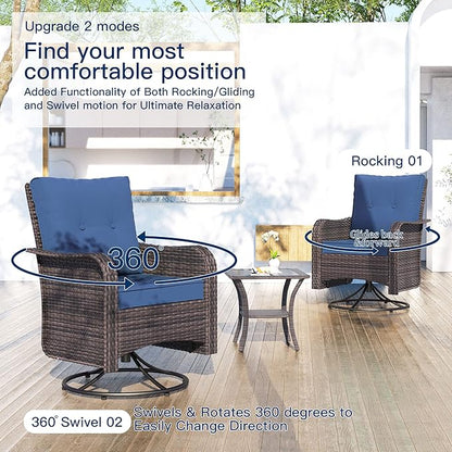 Kullavik 11 Pieces Outdoor Patio Furniture Set,PE Wicker Rattan Sectional Sofa Patio Conversation Sets with 43" 55000BTU Gas Propane Fire Pit Table,Swivel Rocking Chairs Set,Navy Blue