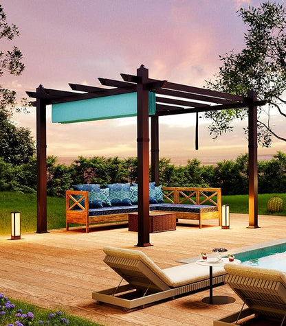 10 x 10 ft Aluminum Pergola with Adjustable Canopy, Outdoor Metal Pergola, Imitation Wood-Grain Sun Shade Shelter for Garden Patio Backyard Deck