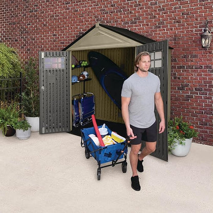 Rubbermaid Resin Outdoor Storage Shed With Floor (7 x 3.5 Ft) Weather Resistant, Brown Gable, Organization for Home/Backyard/Garden Tools/Lawn Mower/Bike Storage/Pool Supplies