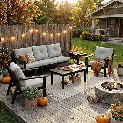 6-Piece HDPE Patio Furniture Set, Outdoor Sectional Sofa Set,All Weather Outdoor Couch with Dust-Free Cushions, Durable Patio Conversation Sets for Balcony, Porch, Gray