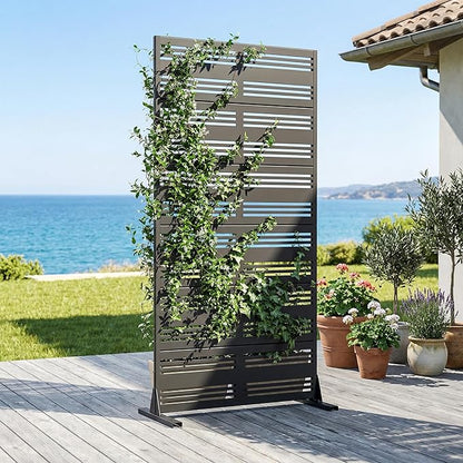 Casaphoria Metal Privacy Screen Outdoor, 72" H x 35" W Freestanding Decorative Privacy Screen for Patio Deck Balcony Garden with Stable Base, Black-Benjamin