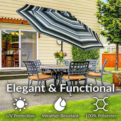 Sunnydaze Outdoor Patio Umbrella - Polyester Table Market Umbrella with Push-Button Tilt and Crank - 8 Sturdy Ribs - Catalina Beach Stripe - 9ft