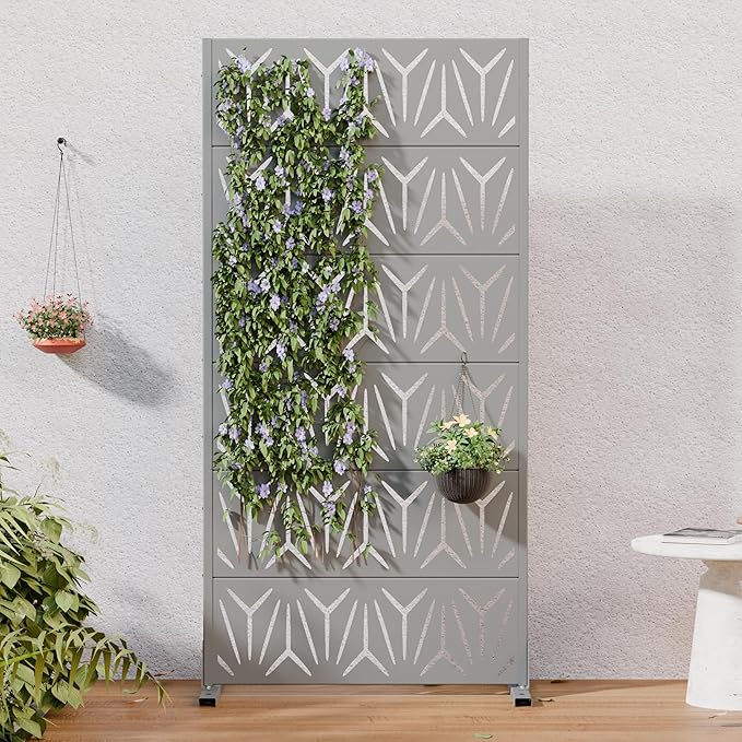 Casaphoria Metal Privacy Screen Outdoor, 72" H x 35" W Freestanding Decorative Privacy Screen for Patio Deck Balcony Garden with Stable Base, Grey-Star