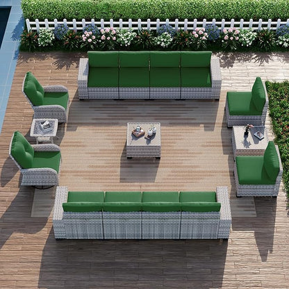 15-Piece Outdoor Patio Furniture Set with Rocking Swivel Chair Wicker Sectional Sofa Set, Patio Conversation Set with Thickened Cushions & Coffee Table for Garden, Backyard, Poolside, Green