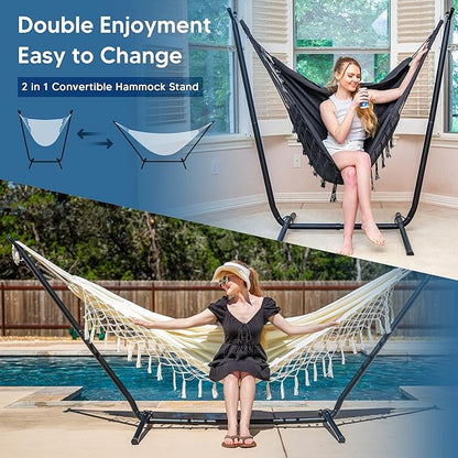 SUNCREAT 2-in-1 Convertible Portable Double Hammock with Stand Included, Outdoor Hammock and Stand, Patented, Natural Tassel