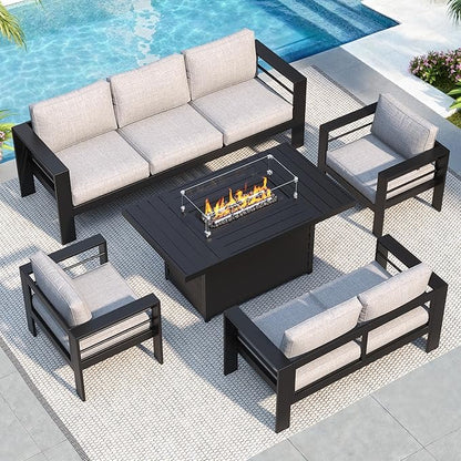 Solaste Aluminum Patio Furniture Set with 55 inch Fire Pit Table, 5 Piece Metal Outdoor Furniture with Water-Resistant Cushion, Modern Patio Conversation Set for Balcony, Front Porch, Backyard, Black