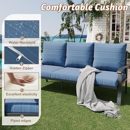 HOMREST Outdoor Couch Aluminum Patio Furniture Sofa, 3-Seat All-Weather Metal Outdoor Patio Furniture with Cushions, Blue